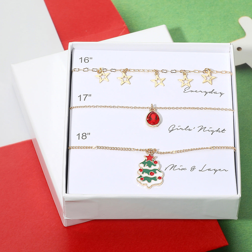 Madeline Love Red 3PCS - Star Charm Teardrop Stone Christmas Tree Pendant Necklace Set - Jewelry