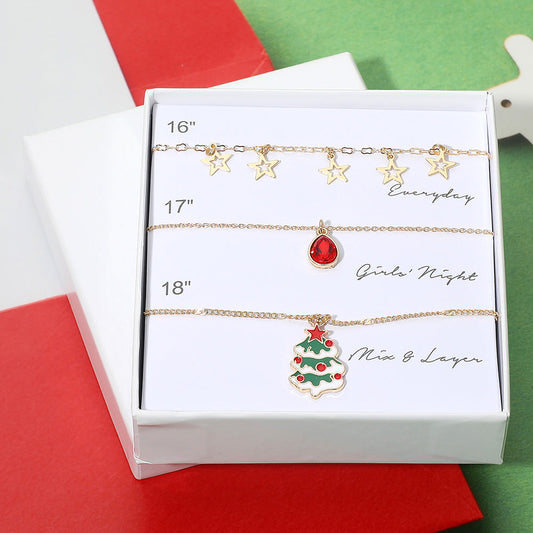 Madeline Love Red 3PCS - Star Charm Teardrop Stone Christmas Tree Pendant Necklace Set - Jewelry