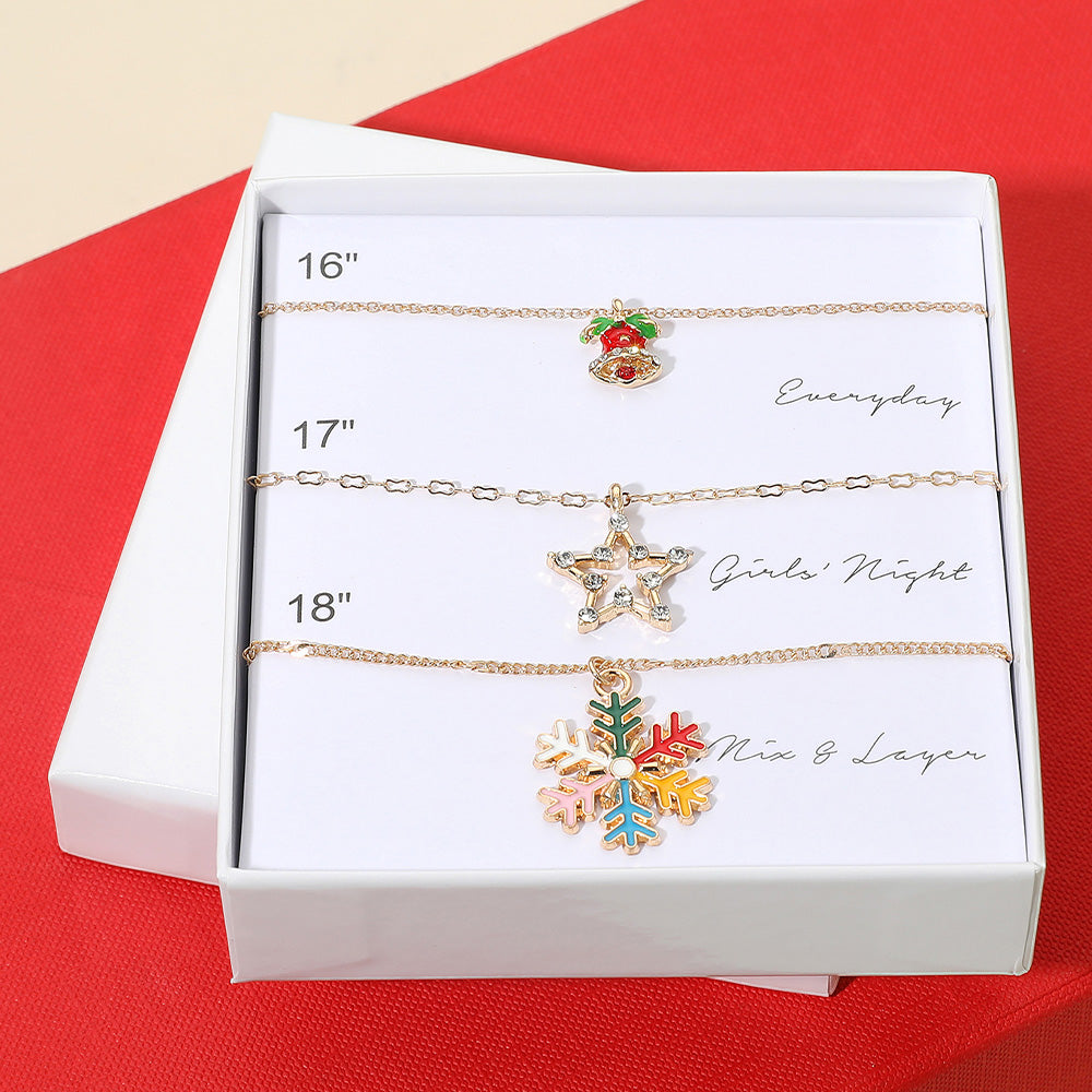 Madeline Love Red 3PCS - Christmas Bell Open Star Snowflake Pendant Necklace Set - Jewelry