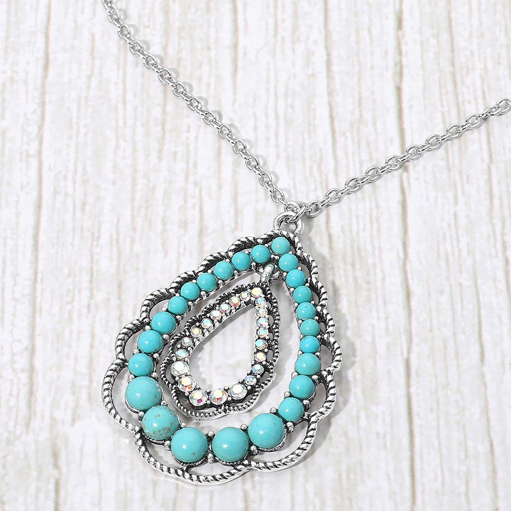 Madeline Love Rhodium, Turquoise Boho Stone Beaded Layered Teardrop Pendant Necklace - Jewelry