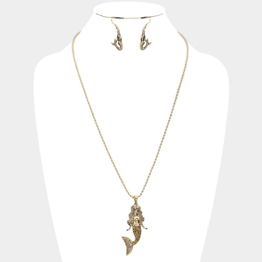 Antique Gold Metal Mermaid Pendant Necklace