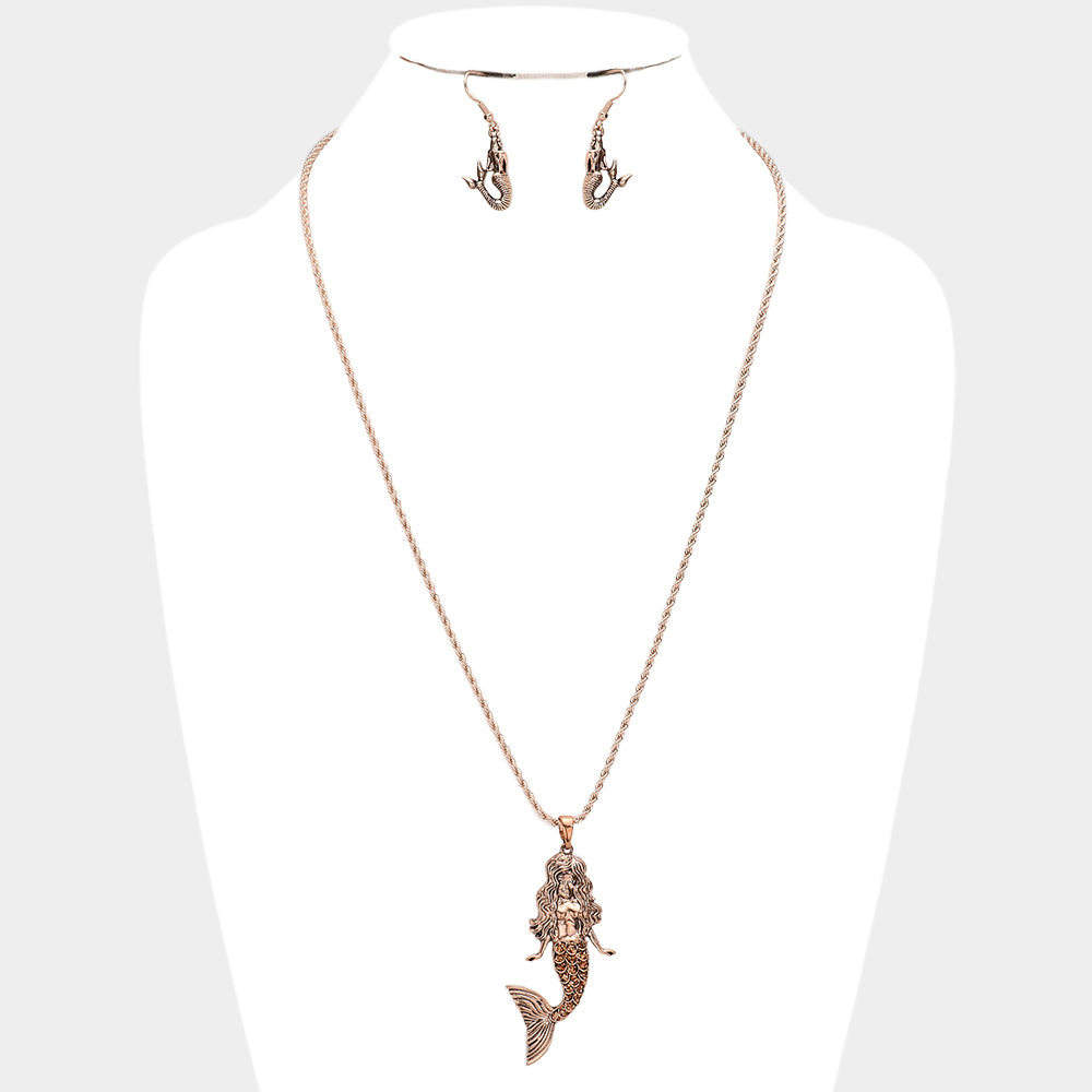 Rose Gold Burnished Metal Mermaid Pendant Necklace