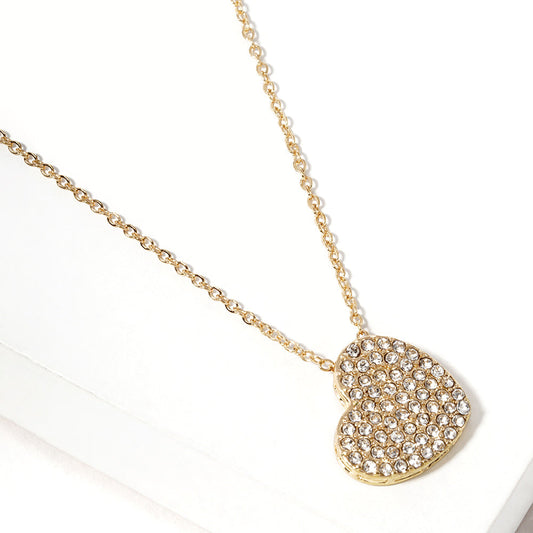 Crystal Paved Heart Pendant Necklace - Clear Gold - Necklaces