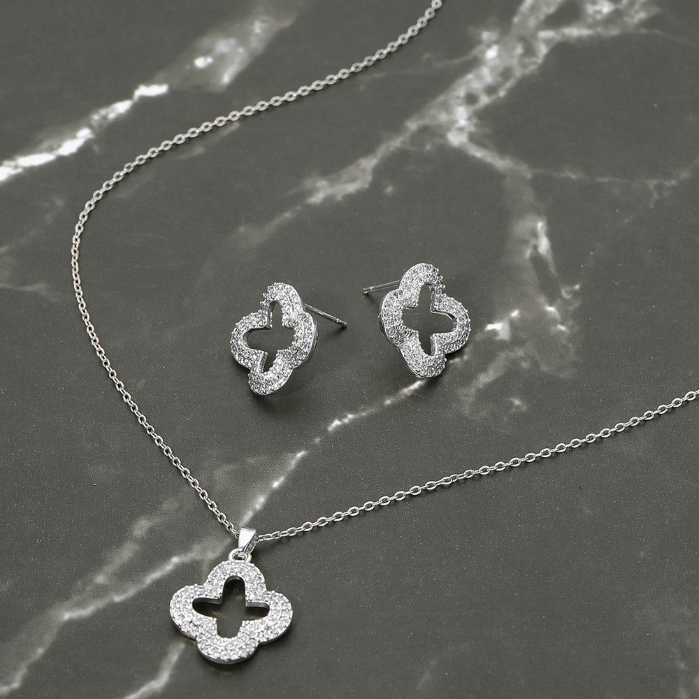 Madeline Love Rhodium Stainless Steel Stone Pave Open Quatrefoil Pendant Necklace - Jewelry