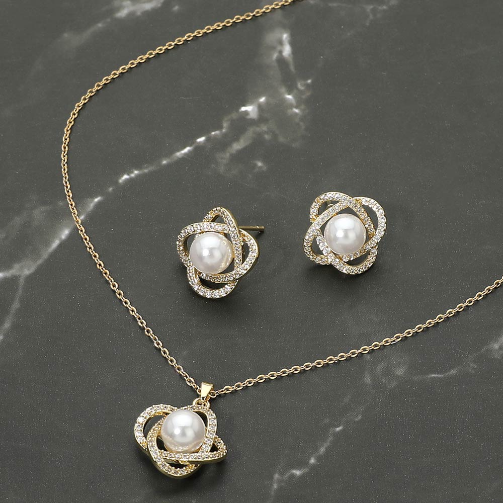 Madeline Love Gold Stainless Steel Pearl Accent Stone Pave Flower Pendant Necklace - Jewelry