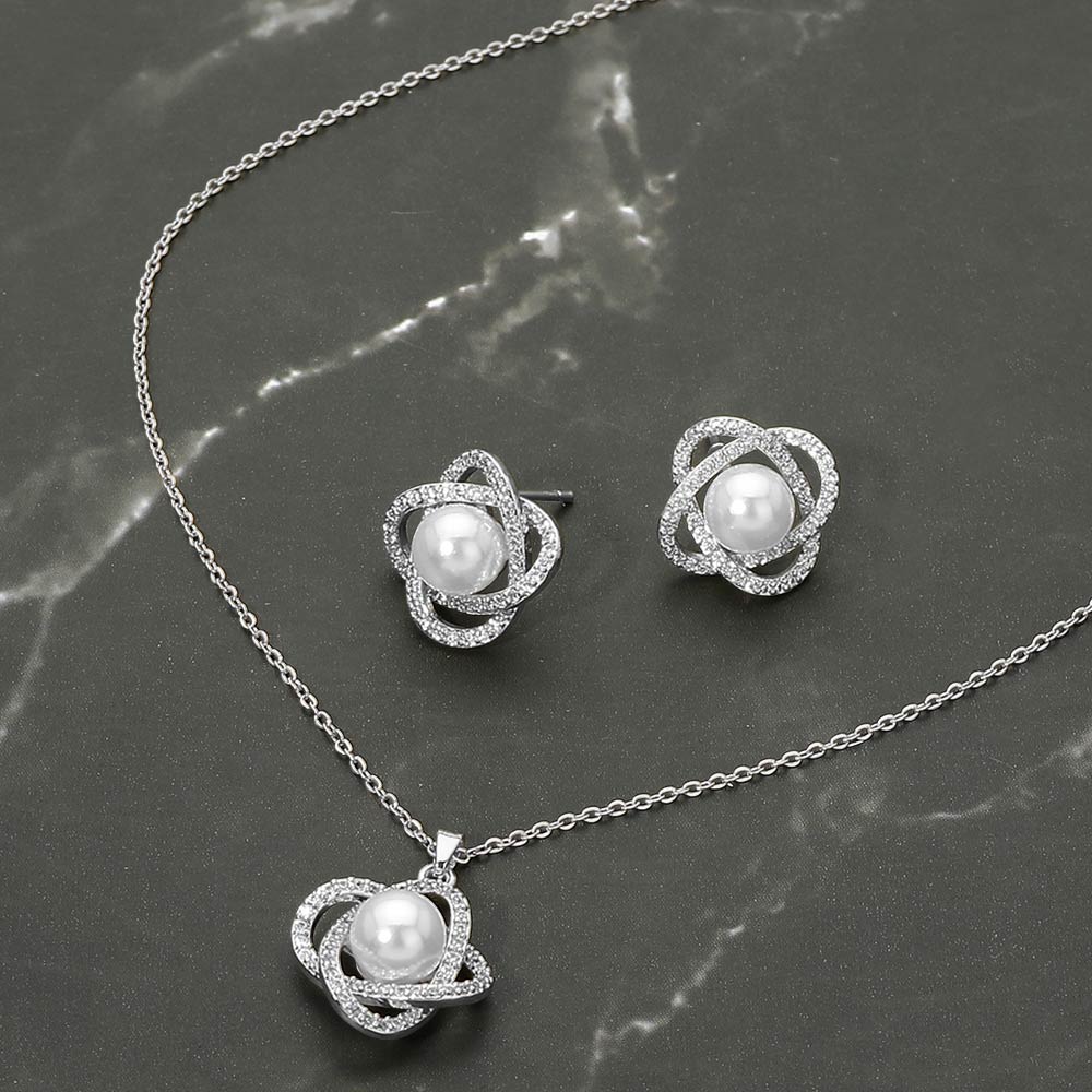 Madeline Love Rhodium Stainless Steel Pearl Accent Stone Pave Flower Pendant Necklace - Jewelry