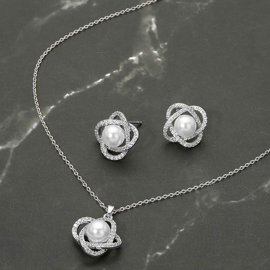 Madeline Love Rhodium Stainless Steel Pearl Accent Stone Pave Flower Pendant Necklace - Jewelry