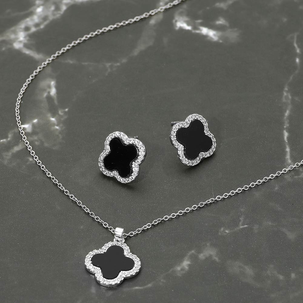 Madeline Love Black, Silver Stainless Steel Stone Rim Quatrefoil Pendant Necklace - Jewelry