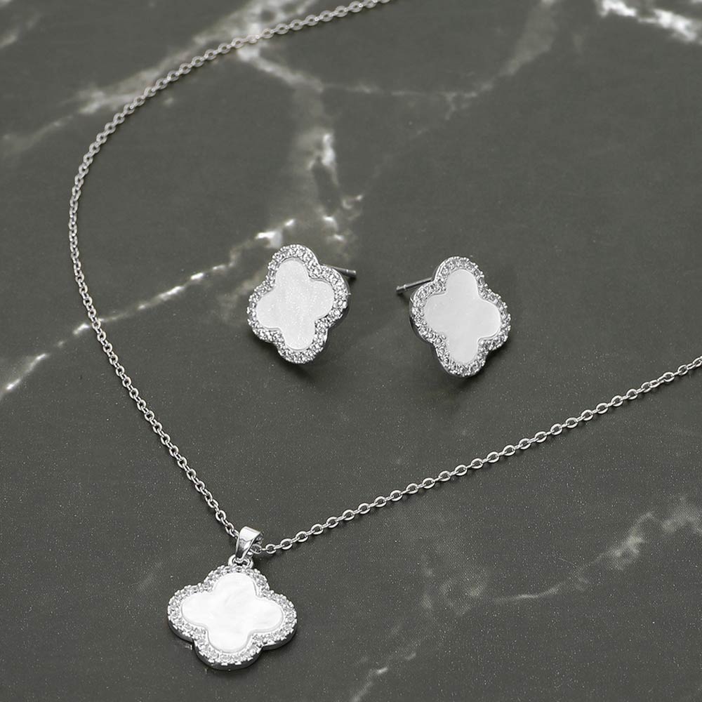 Madeline Love Mother of Pearl, Silver Stainless Steel Stone Rim Quatrefoil Pendant Necklace - Jewelry