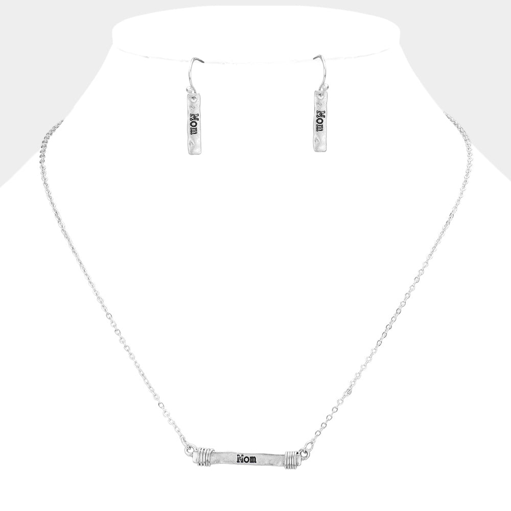 Madeline Love Worn Silver "MOM" Irregular Horizontal Metal Bar Pendant Necklace - Necklaces