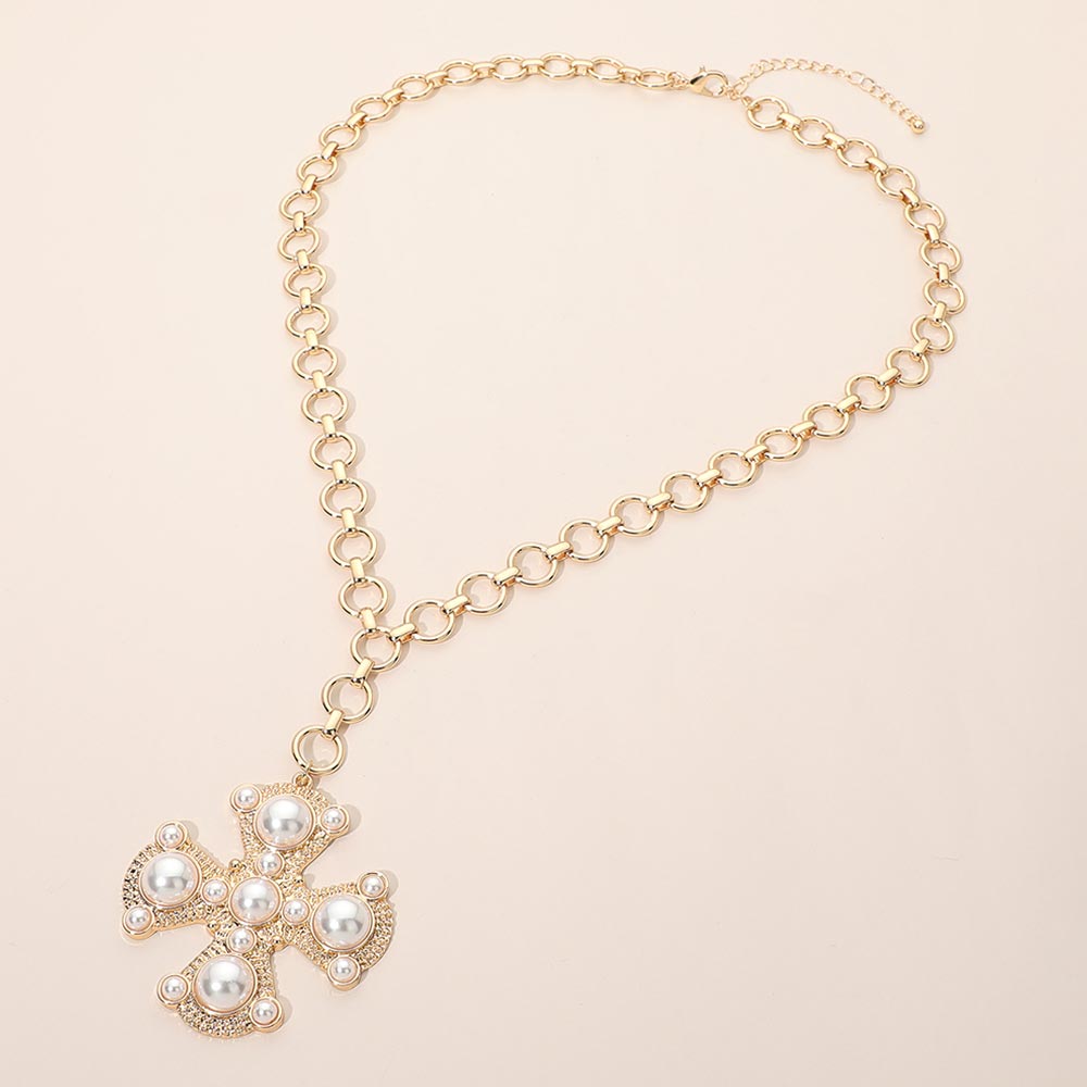 Madeline Love Cream, Gold Bold Pearl Cross Pendant Necklace