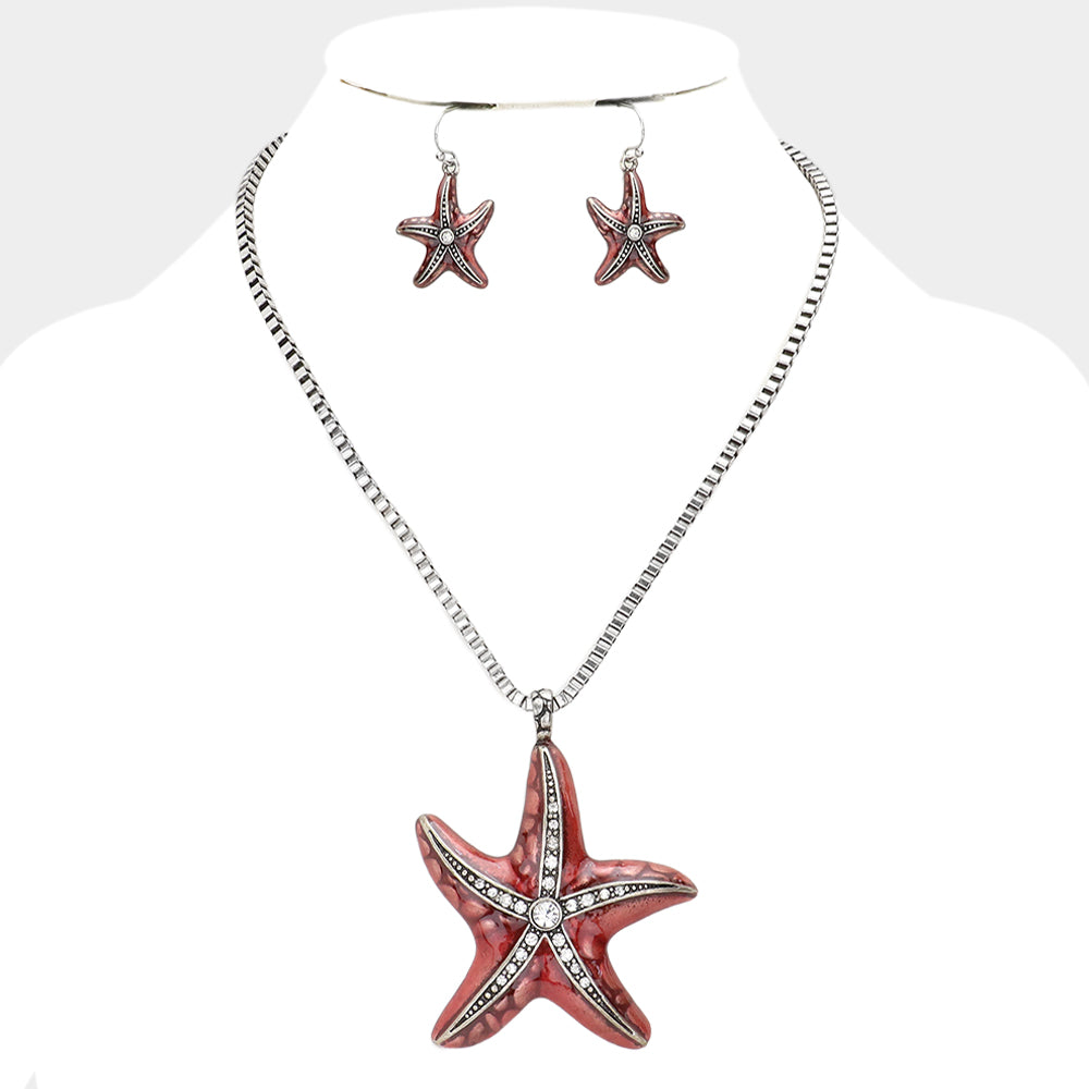 Coral Crystal Enamel Starfish Pendant Necklace