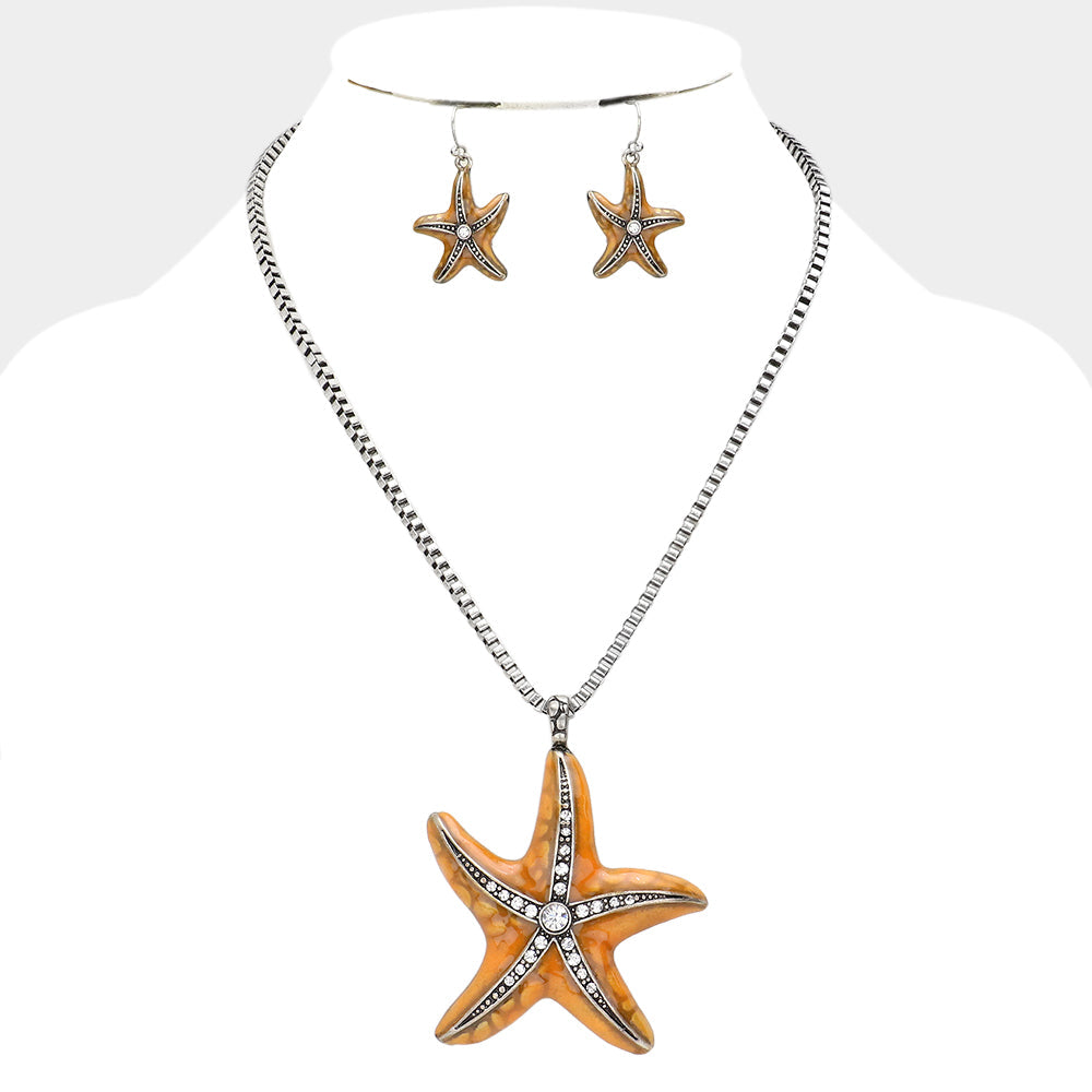 Orange Crystal Enamel Starfish Pendant Necklace