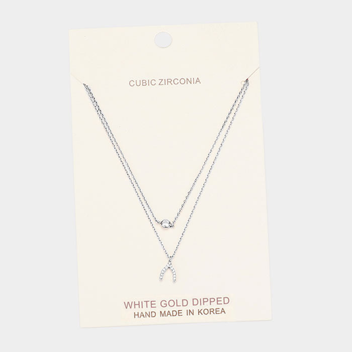 Madeline Love Clear, Rhodium White Gold Dipped Cubic Zirconia CZ Wishbone Pendant Necklace - Necklaces