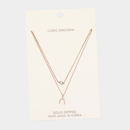 Madeline Love Clear, Rose Gold Gold Dipped Cubic Zirconia CZ Wishbone Pendant Necklace - Necklaces