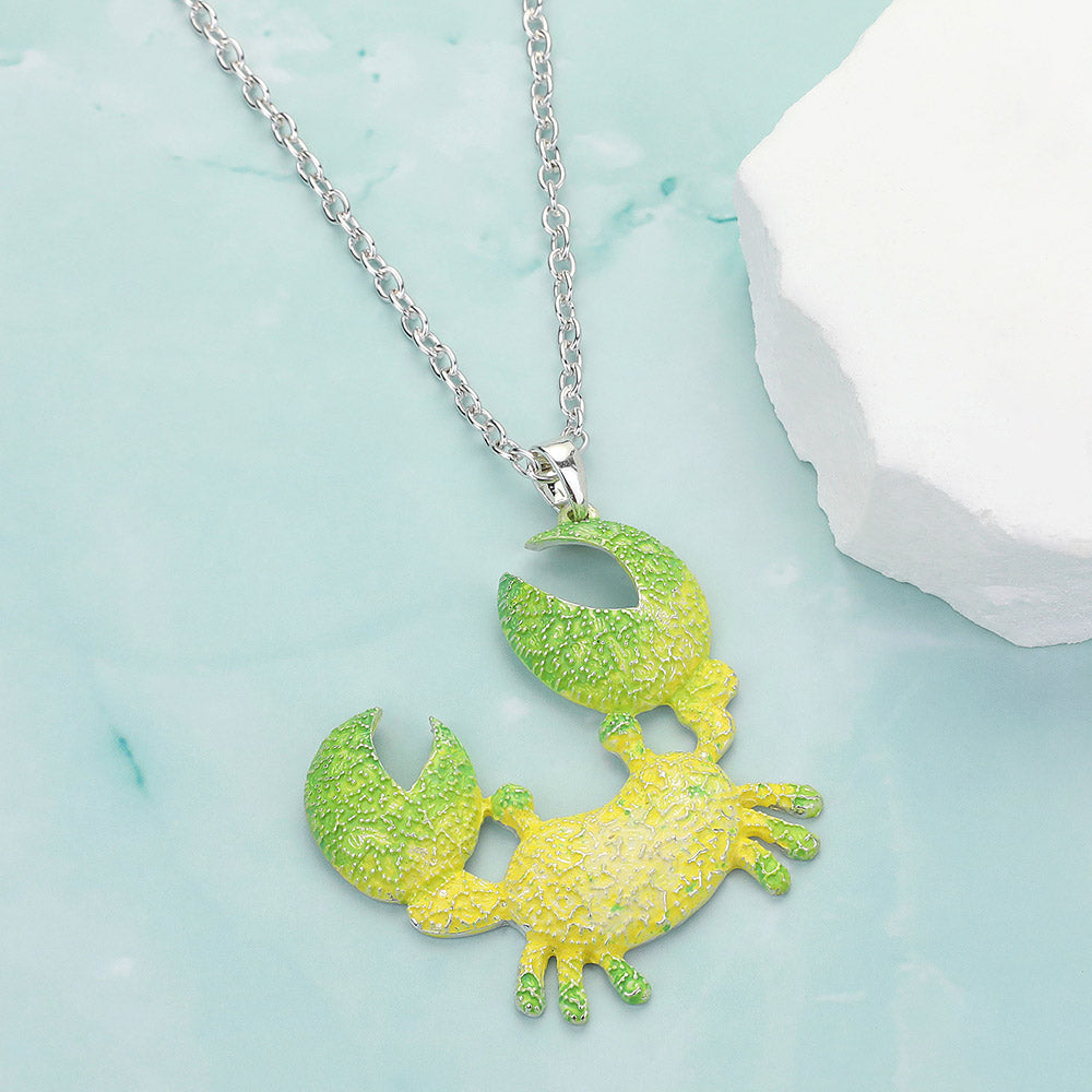 Green, Silver Crab Colored Metal Pendant Necklace