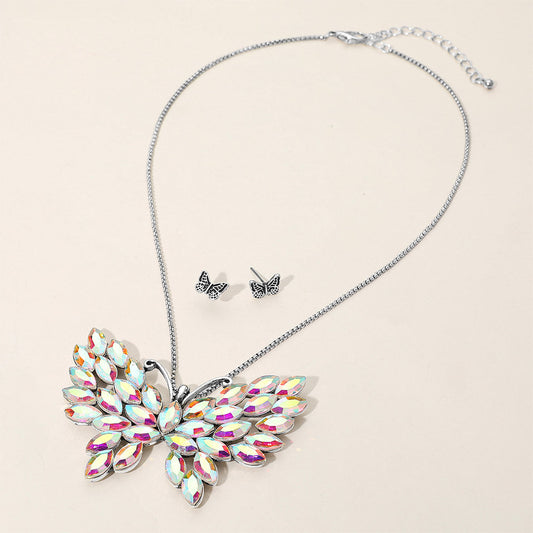 Madeline Love AB, Silver Burnished Iridescent Marquise Stone Cluster Butterfly Pendant Necklace - Jewelry