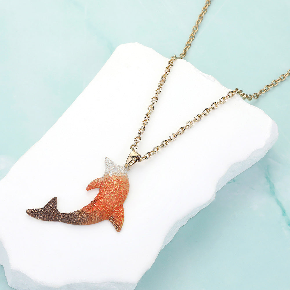 Coral, Gold Dolphin Colored Metal Pendant Necklace