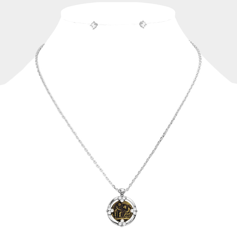 Madeline Love Clear, Rhodium, Silver Burnished "Faith Strength Courage" Angel Pendant necklace - Jewelry