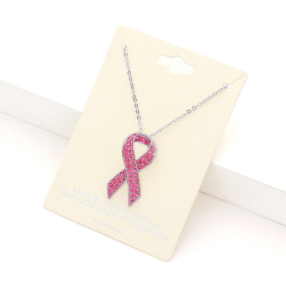 Madeline Love Pink Rhinestone Embellished Metal Pink Ribbon Pendant Necklace - Necklaces