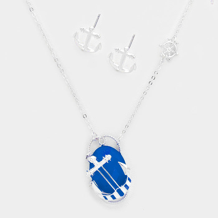 Madeline Love Blue, Silver Resin Oval Anchor Pendant Necklace - Necklaces