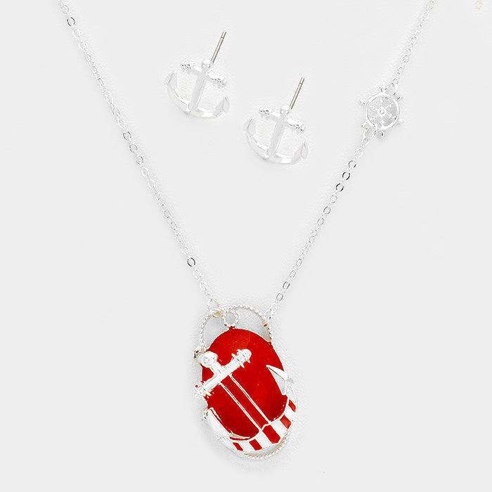 Madeline Love Red, Silver Resin Oval Anchor Pendant Necklace - Necklaces