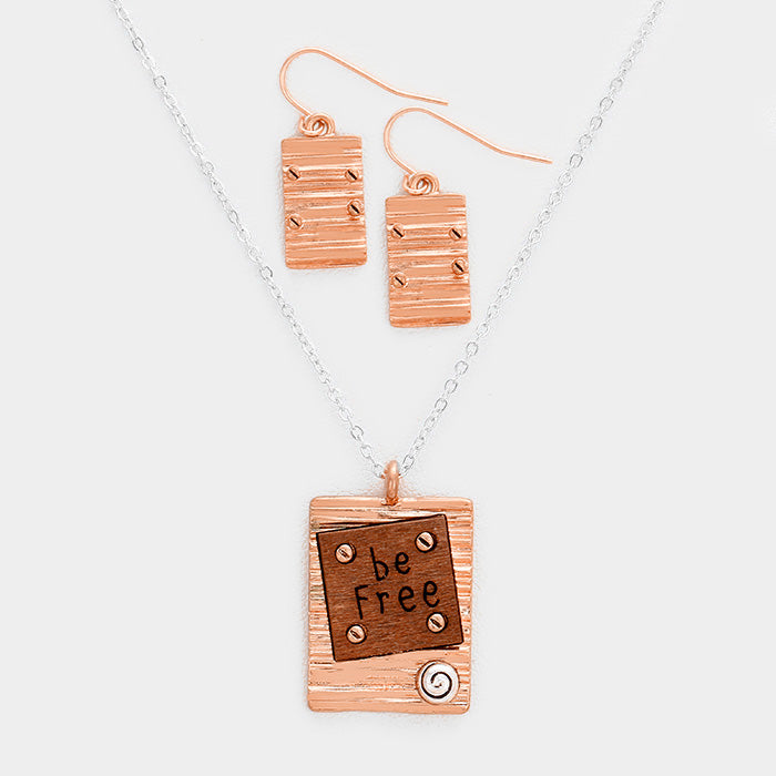 Madeline Love Copper Burnished Be Free Wood Rectangular Metal Pendant Necklace - Jewelry