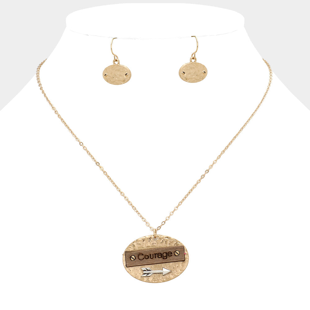 Madeline Love Worn Gold "Courage" Message Wood Arrow Metal Pendant Necklace - Necklaces
