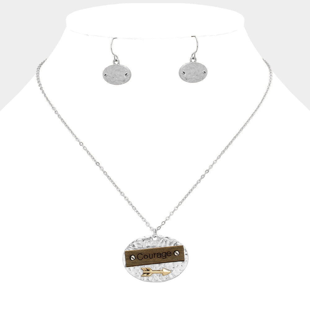 Madeline Love Worn Silver "Courage" Message Wood Arrow Metal Pendant Necklace - Necklaces