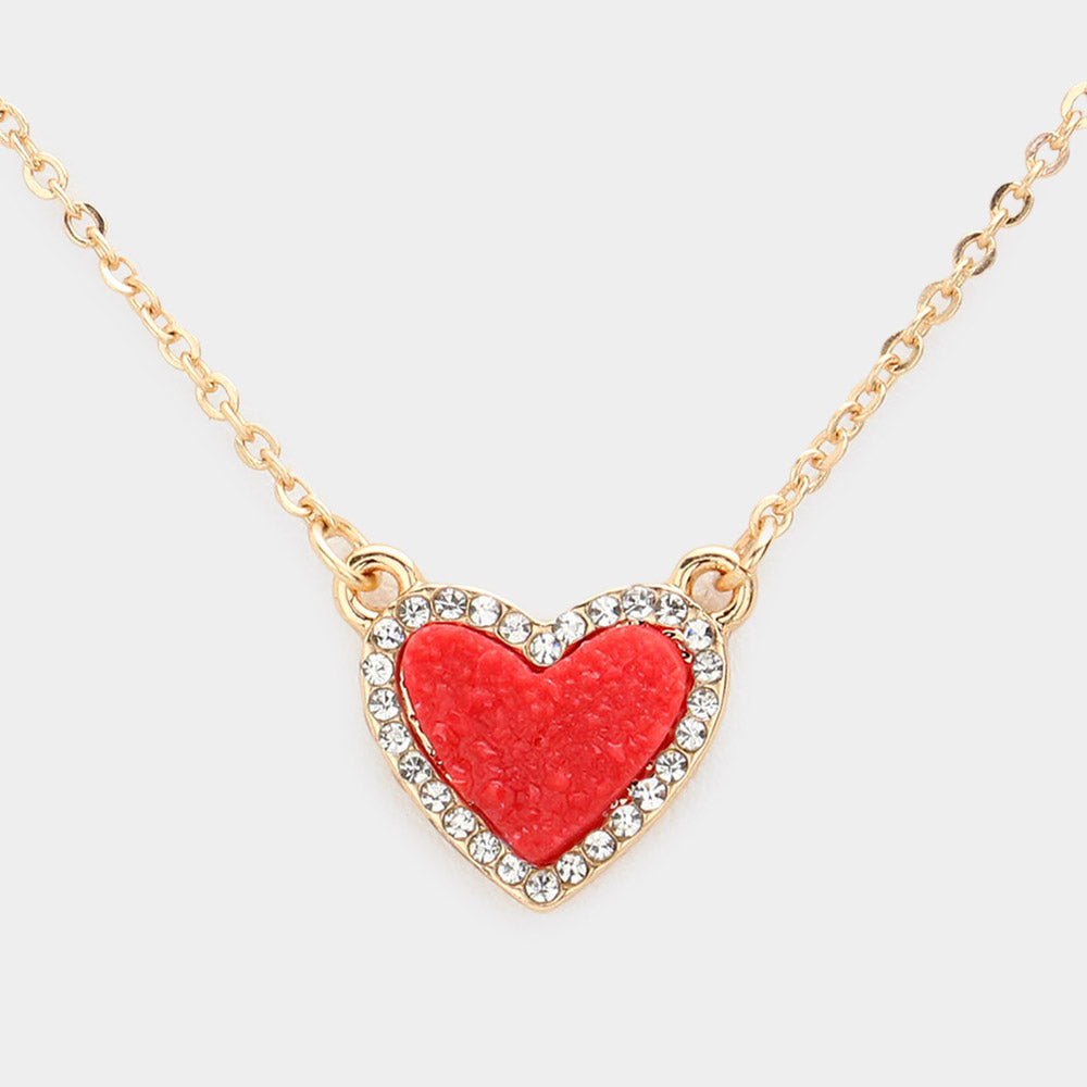 Rhinestone Trimmed Druzy Heart Pendant Necklace