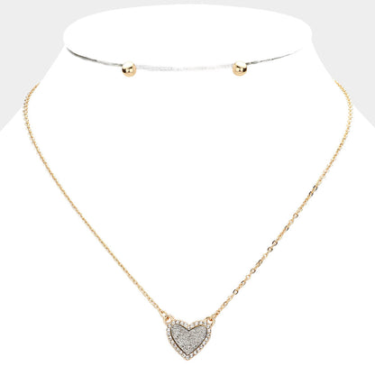 Rhinestone Trimmed Druzy Heart Pendant Necklace
