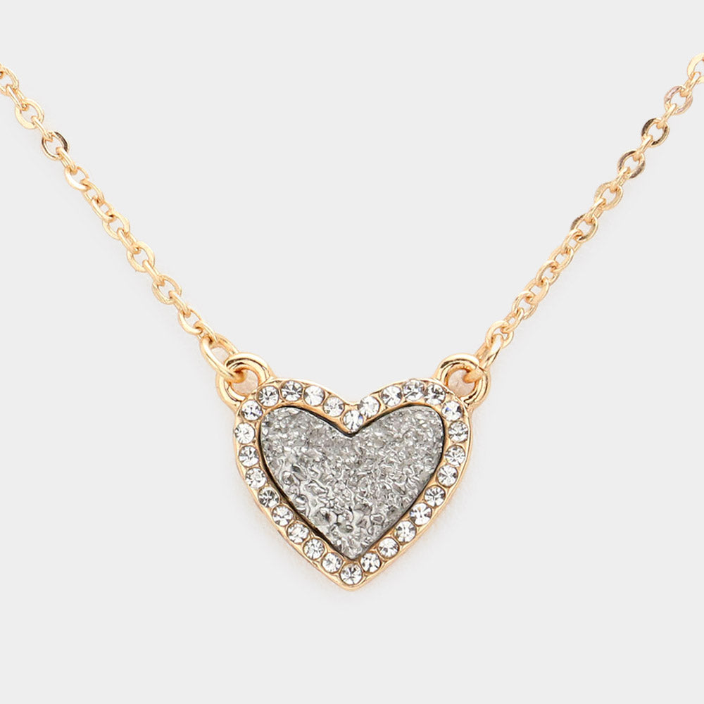 Rhinestone Trimmed Druzy Heart Pendant Necklace