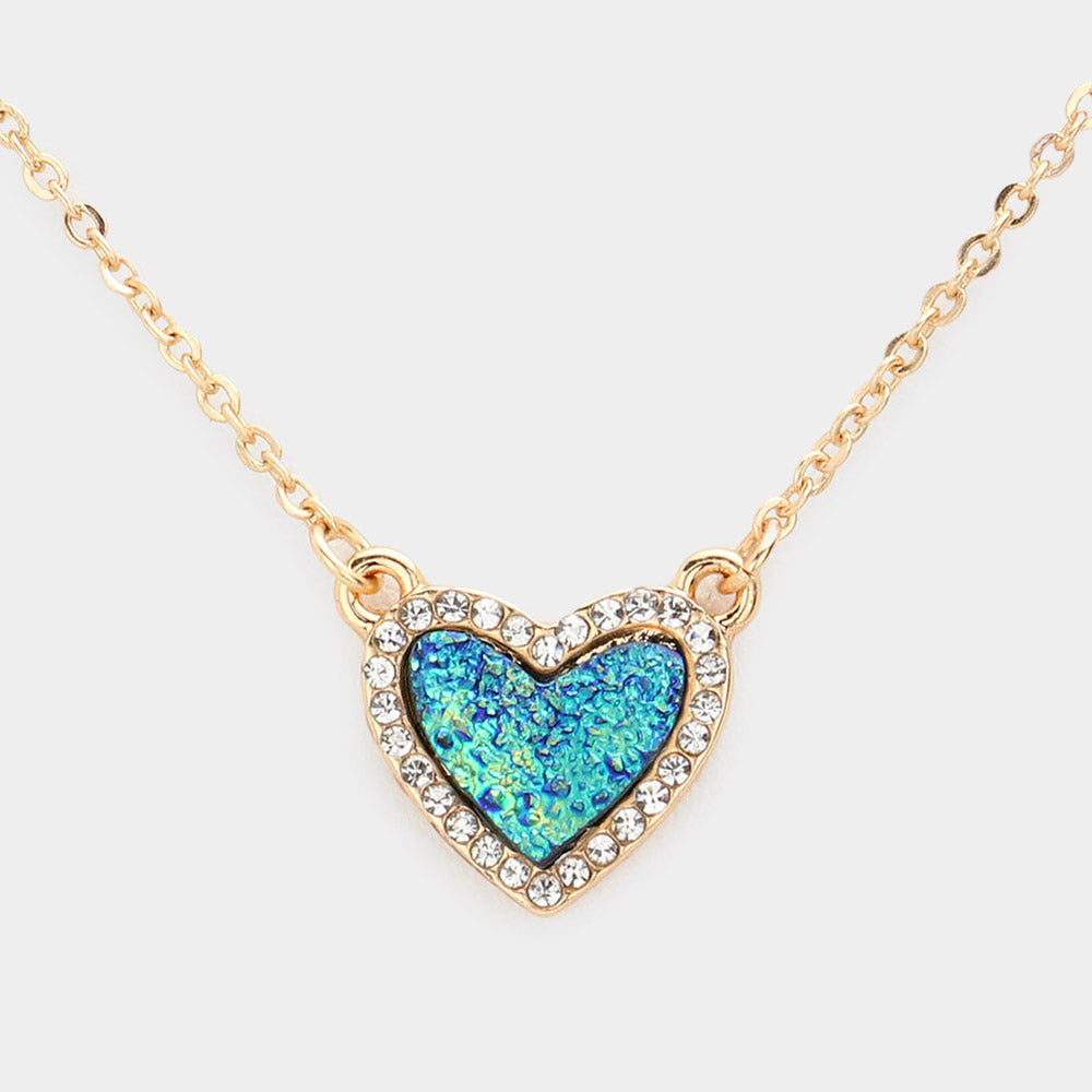 Rhinestone Trimmed Druzy Heart Pendant Necklace