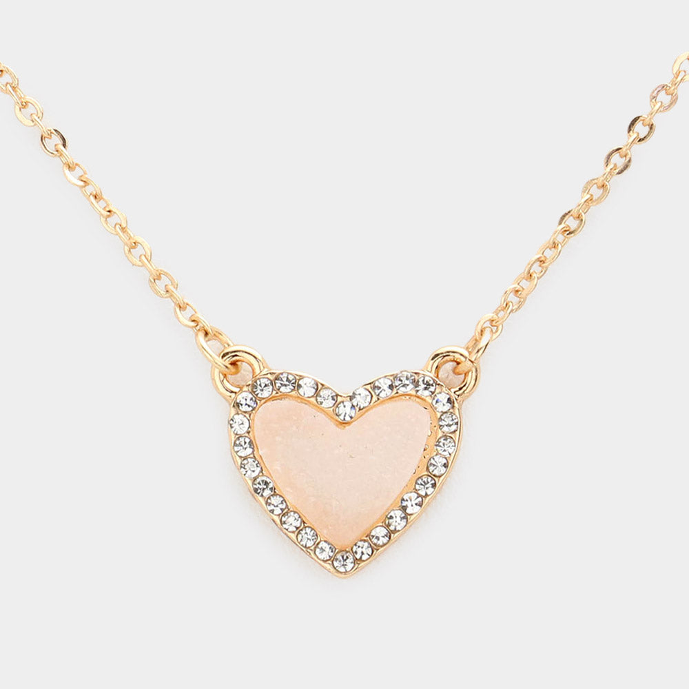 Rhinestone Trimmed Druzy Heart Pendant Necklace