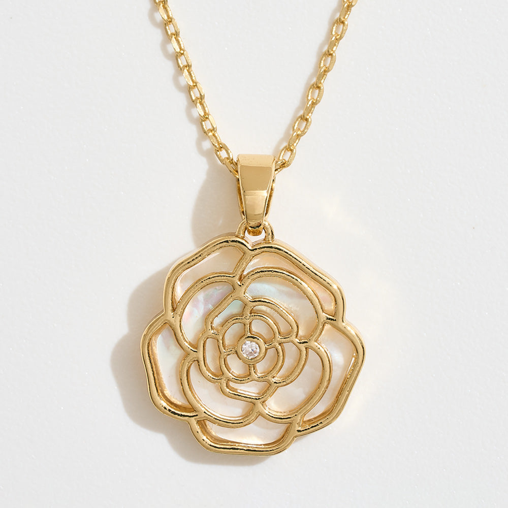Madeline Love Gold 14K Gold Dipped CZ Stone Accent Mother of Pearl Rose Pendant Necklace - Jewelry