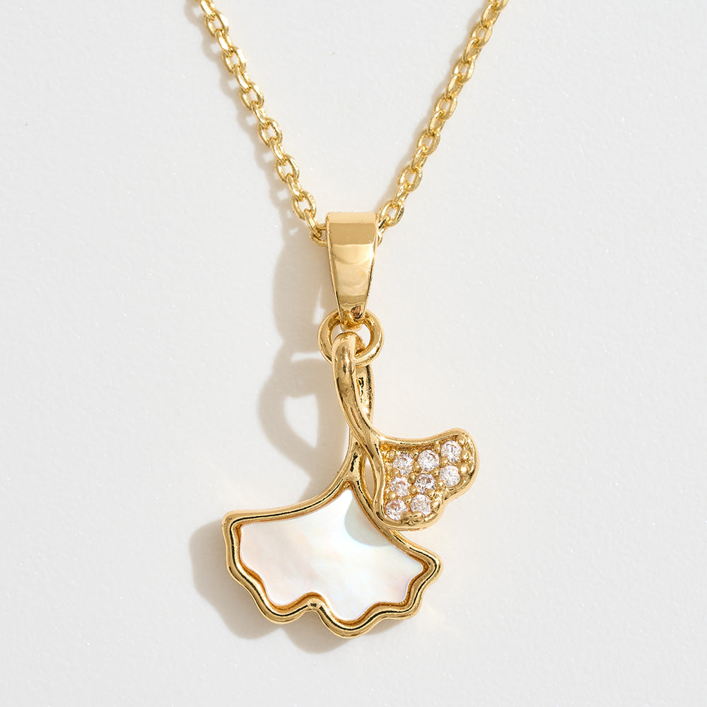 Madeline Love Gold 14k Gold Dipped CZ Stone Paved Mother of Pearl Ginkgo Leaf Pendant Necklace - Jewelry