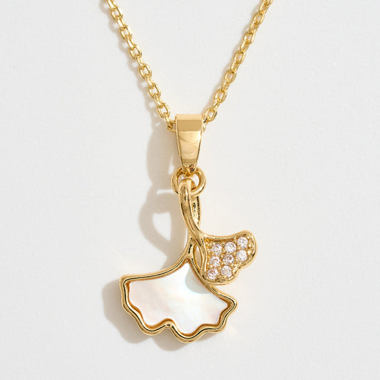 Madeline Love Gold 14k Gold Dipped CZ Stone Paved Mother of Pearl Ginkgo Leaf Pendant Necklace - Jewelry