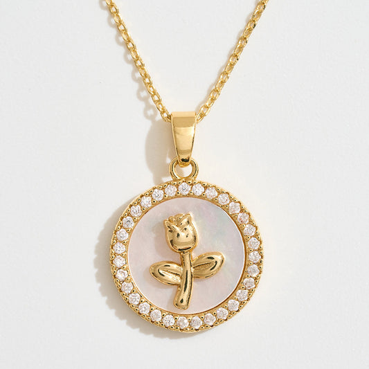 Madeline Love Gold 14K Gold Dipped CZ Stone Rim Flower Embossed Mother of Pearl Medallion Pendant Necklace - Jewelry