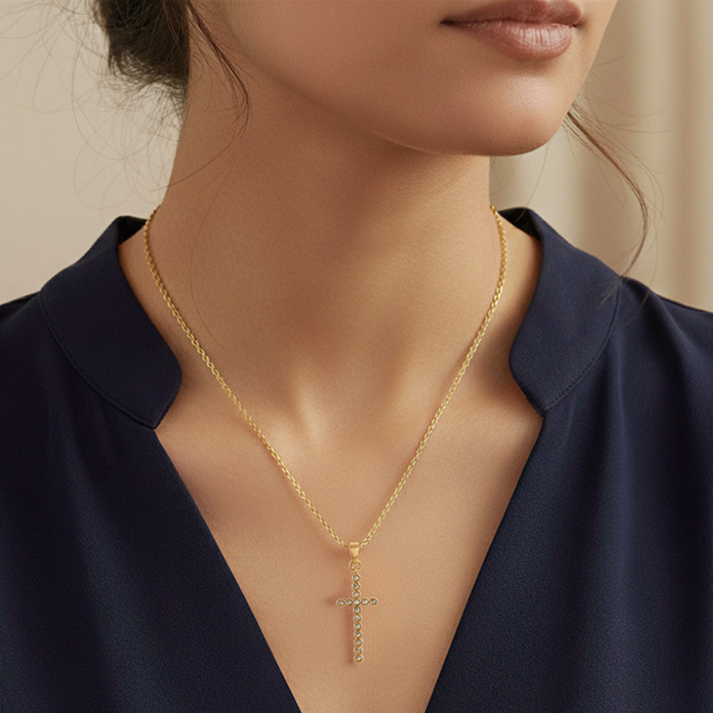 Madeline Love Gold 14K Gold Dipped CZ Stone Bezel Cross Pendant Necklace - Jewelry