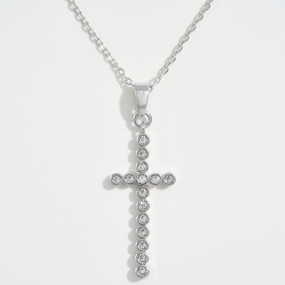 Madeline Love Silver White Gold Dipped CZ Stone Bezel Cross Pendant Necklace - Jewelry