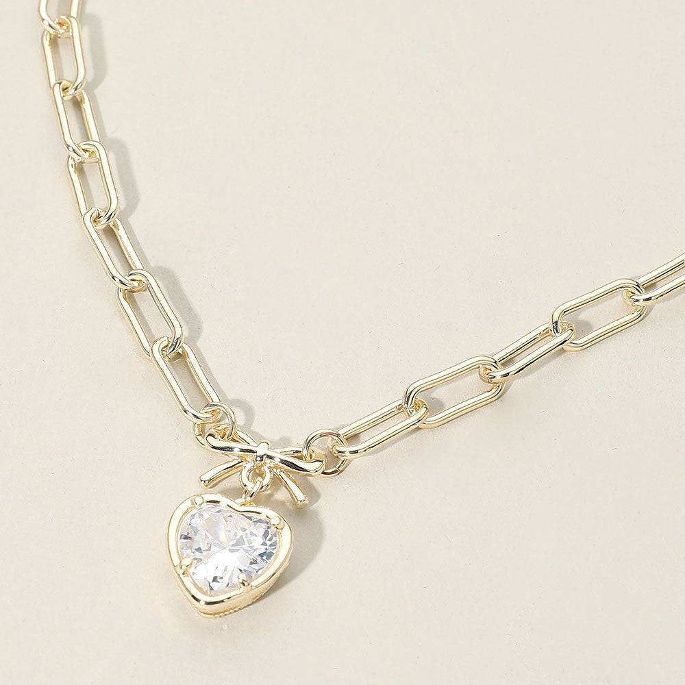 Madeline Love Clear, Gold 14K Gold Plated Bow Top Heart CZ Stone Bezel Pendant Necklace - Jewelry