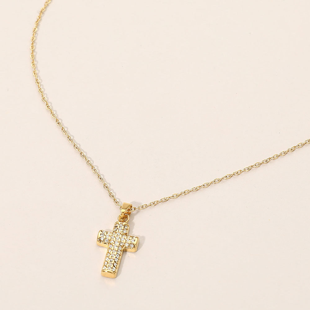 Madeline Love Gold SECRET BOX_Stainless Steel Stone Paved Cross Pendant Necklace - Jewelry