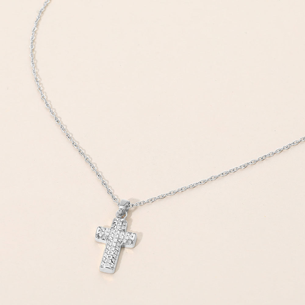 Madeline Love Rhodium SECRET BOX_Stainless Steel Stone Paved Cross Pendant Necklace - Jewelry