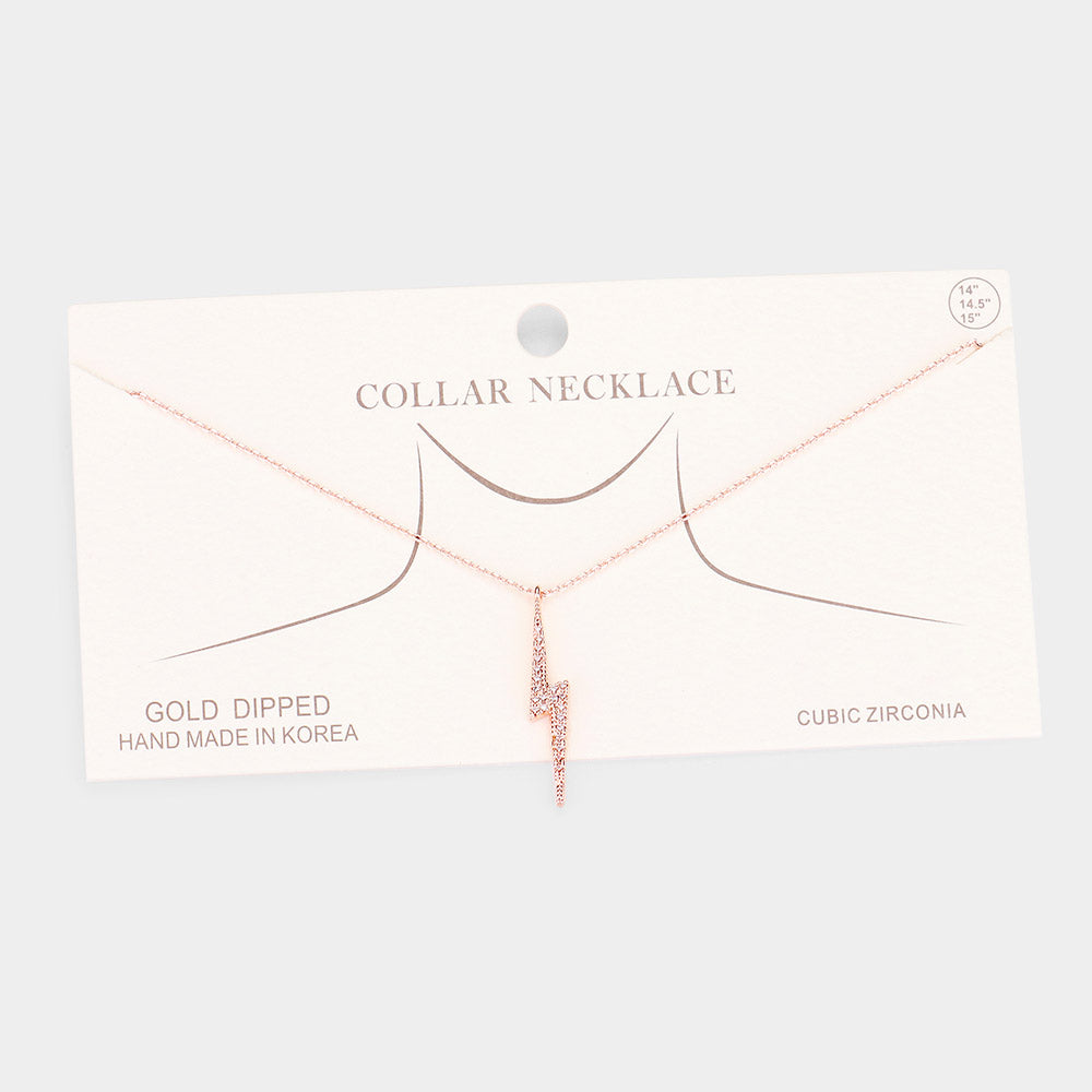 Madeline Love Clear, Rose Gold Gold Dipped CZ Pave Lightning Bolt  Pendant Necklace - Necklaces