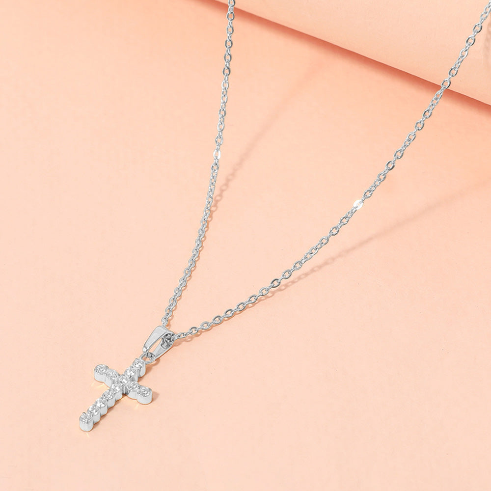 Madeline Love Rhodium Stainless Steel Stone Paved Cross Pendant Necklace