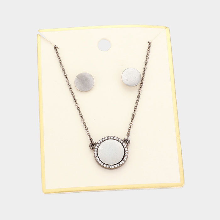 Madeline Love Worn Silver Crystal Trim Round Metal Pendant Necklace - Necklaces