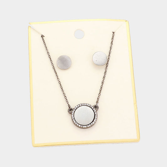 Madeline Love Worn Silver Crystal Trim Round Metal Pendant Necklace - Necklaces