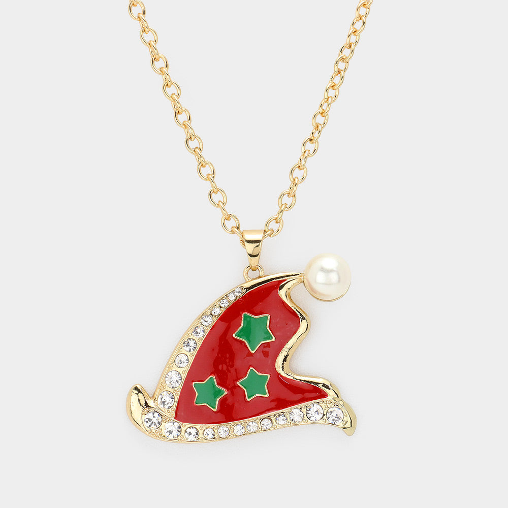 Gold Pearl Pointed Enamel Christmas Santa Claus Hat Pendant Necklace