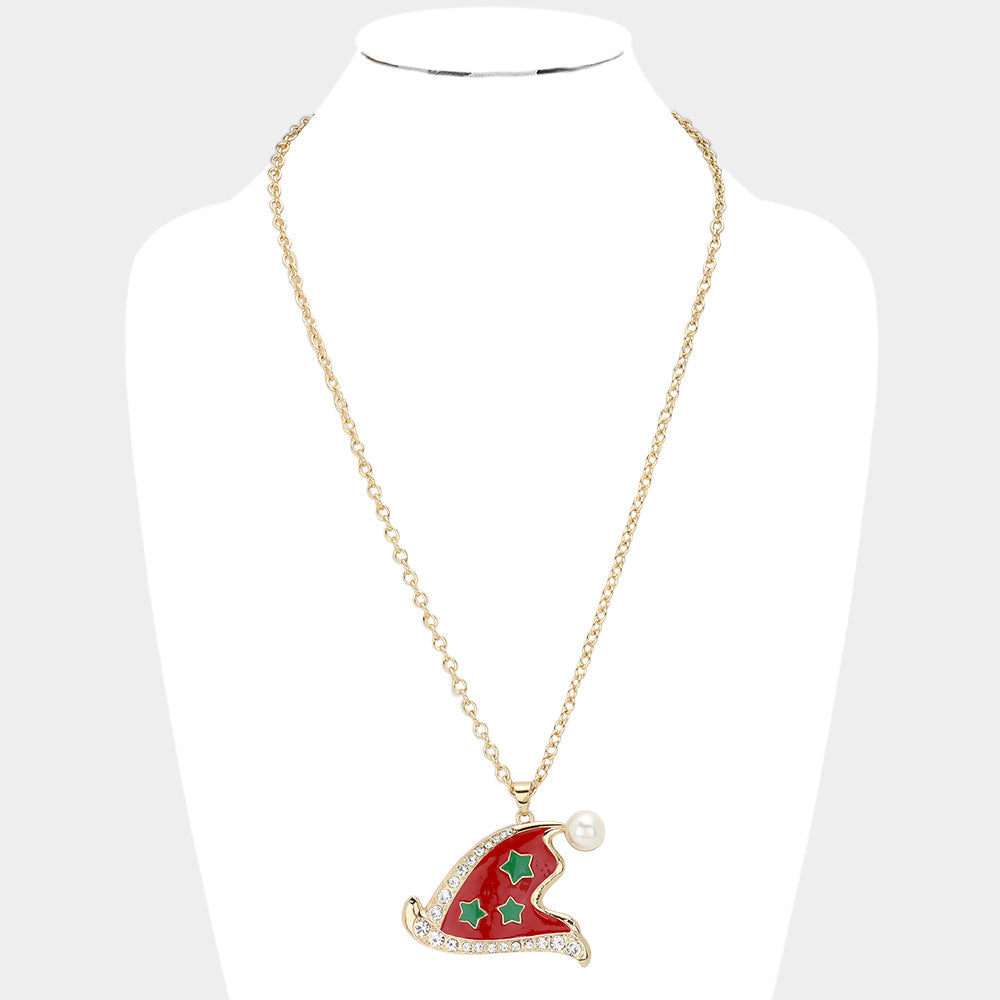 Gold Pearl Pointed Enamel Christmas Santa Claus Hat Pendant Necklace