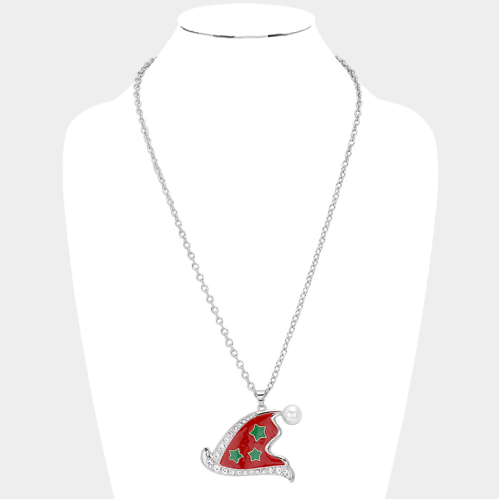 Rhodium Pearl Pointed Enamel Christmas Santa Claus Hat Pendant Necklace